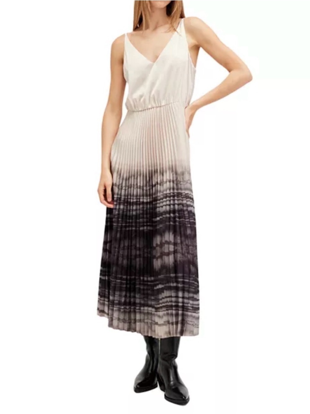 AllSaints Cecilia Sleeveless V-Neck Ombre Pleated Midi Dress in Cream and Black